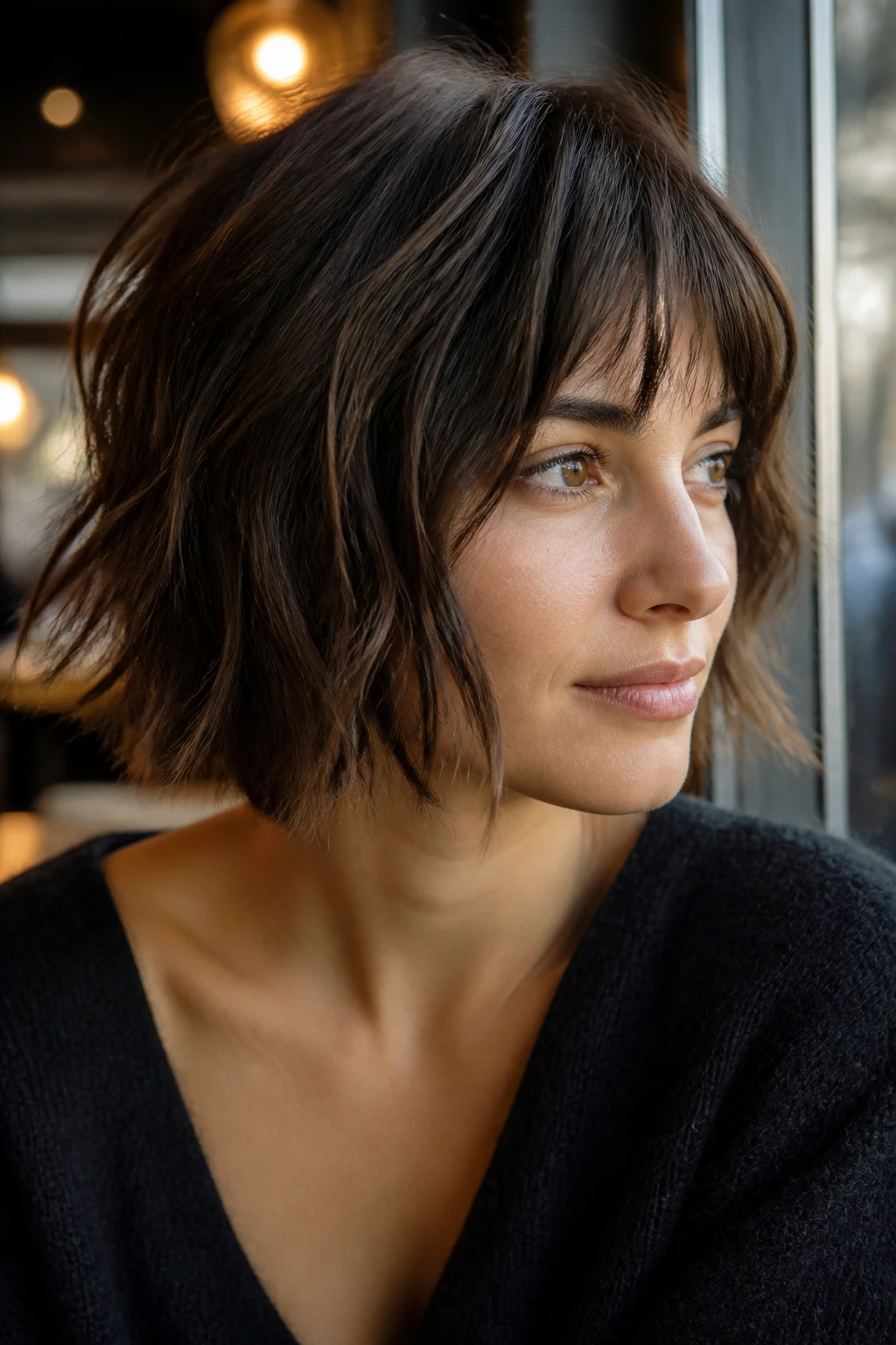 Close-up of a real woman with Choppy Bob with Piecey Ends showing textured, uneven ends.