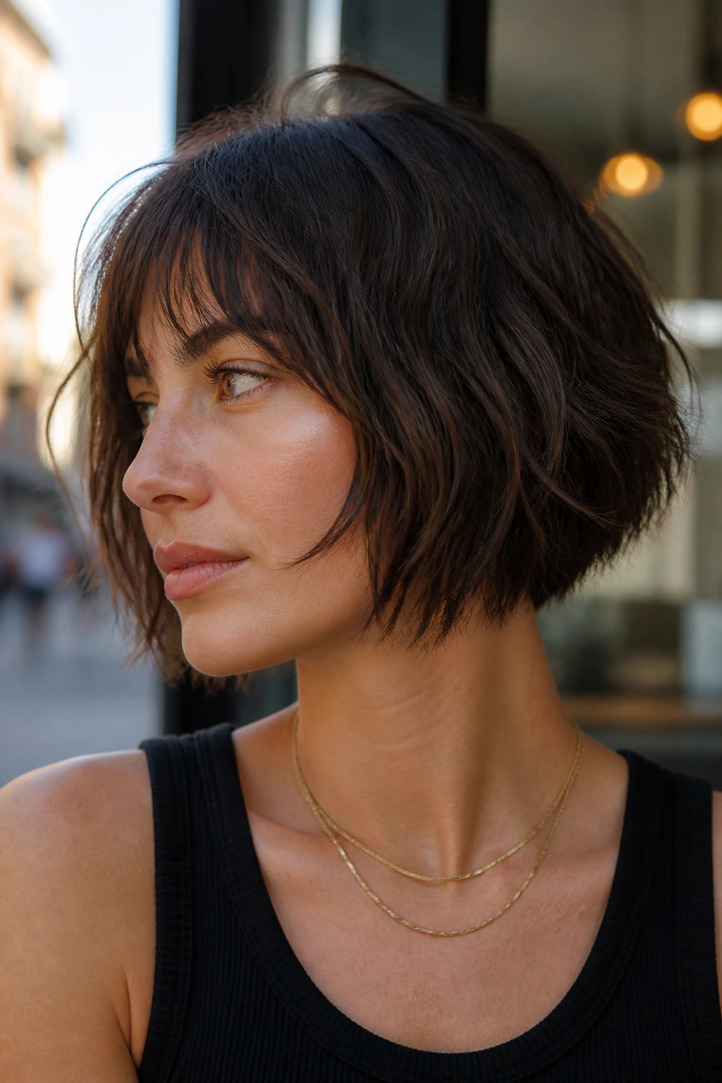 Close-up portrait of a real woman with a choppy bob and piecey ends.