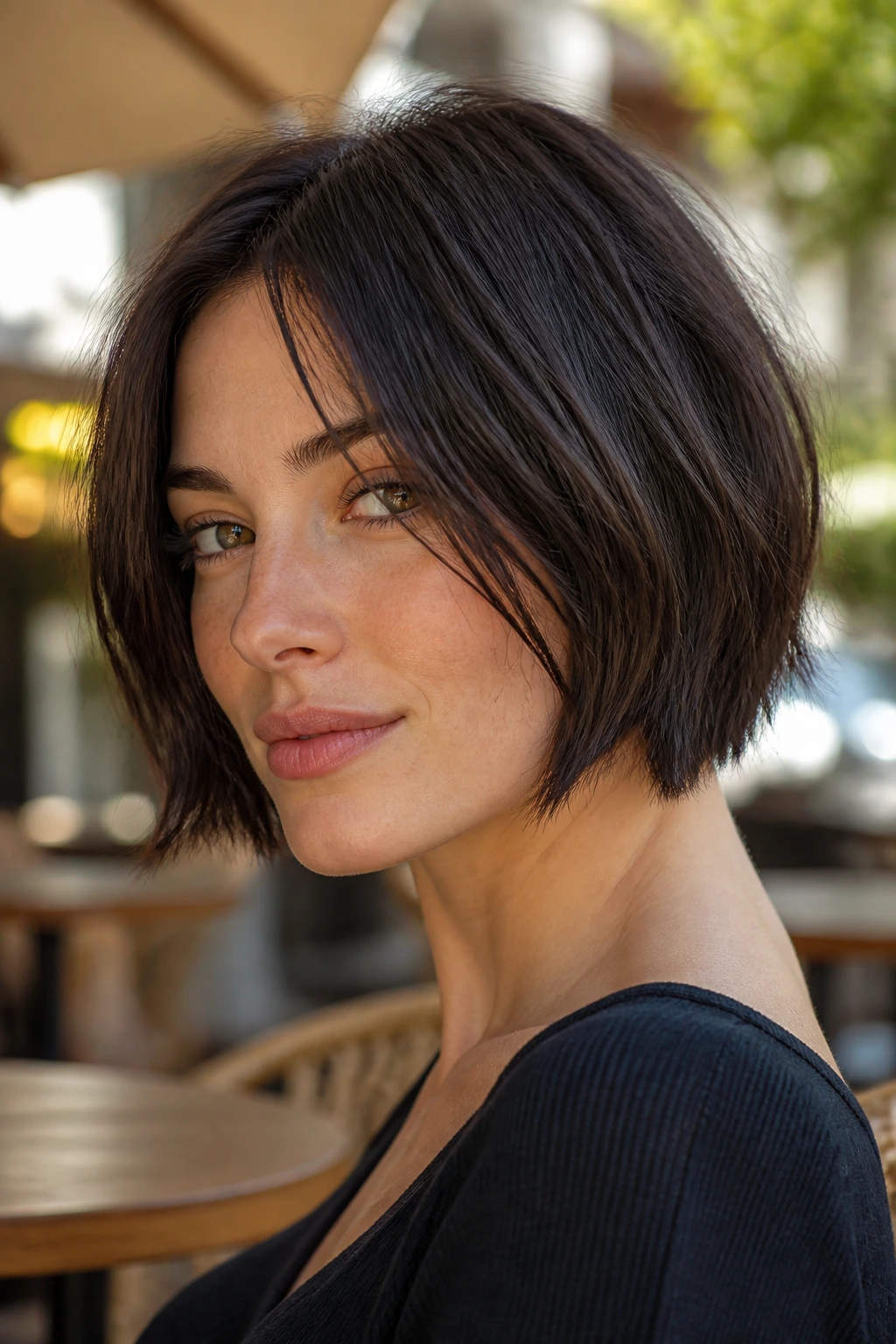 Close-up of woman with chin-length choppy bob and piecey ends in daylight.