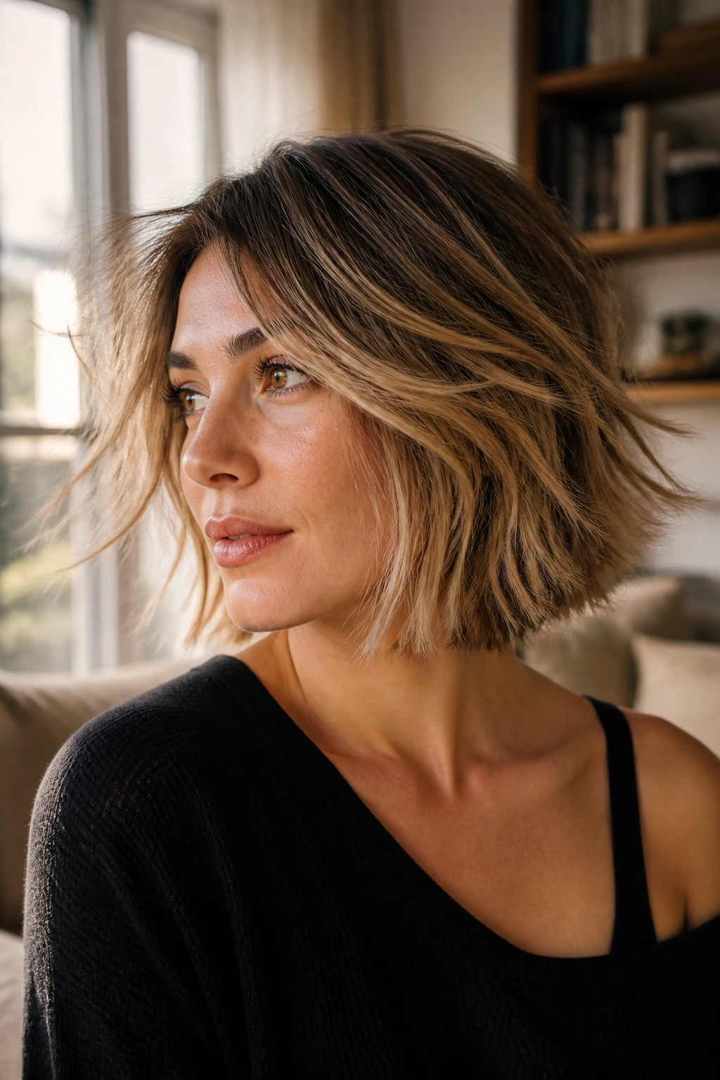 Close-up portrait of a real woman with a choppy bob hairstyle in warm window light