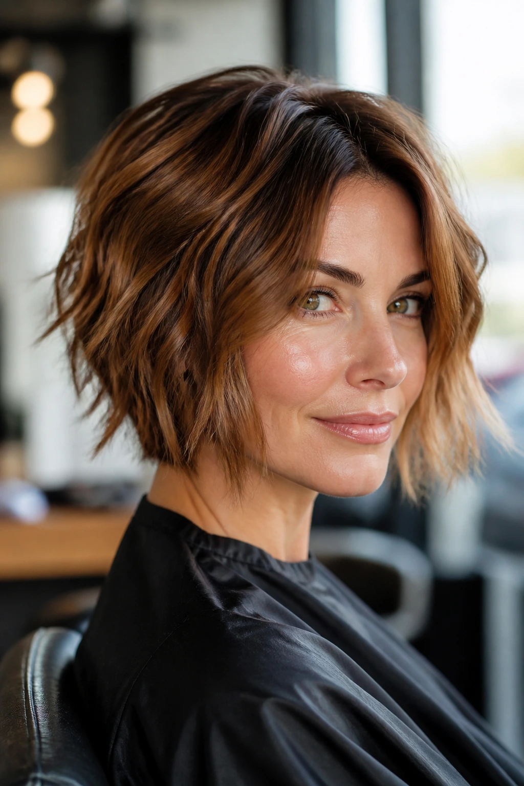 Close-up portrait of a real woman with a textured choppy bob in a warm salon setting