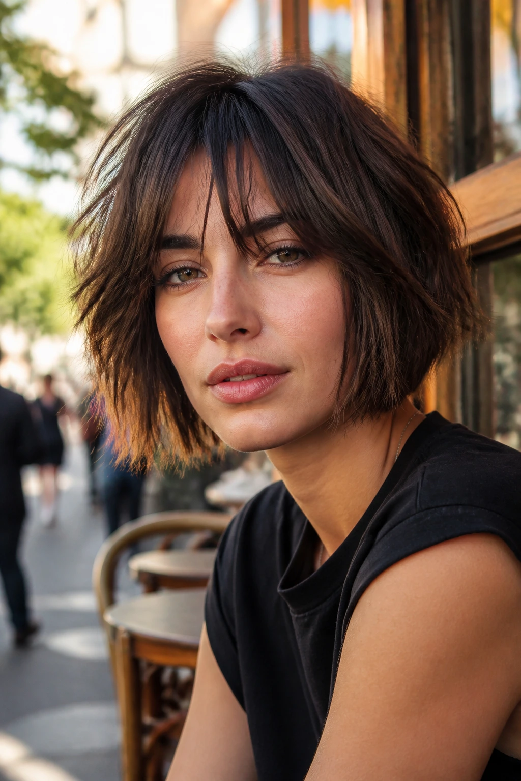 Close-up of real woman with choppy bob and rocker curtain bangs at a cafe window