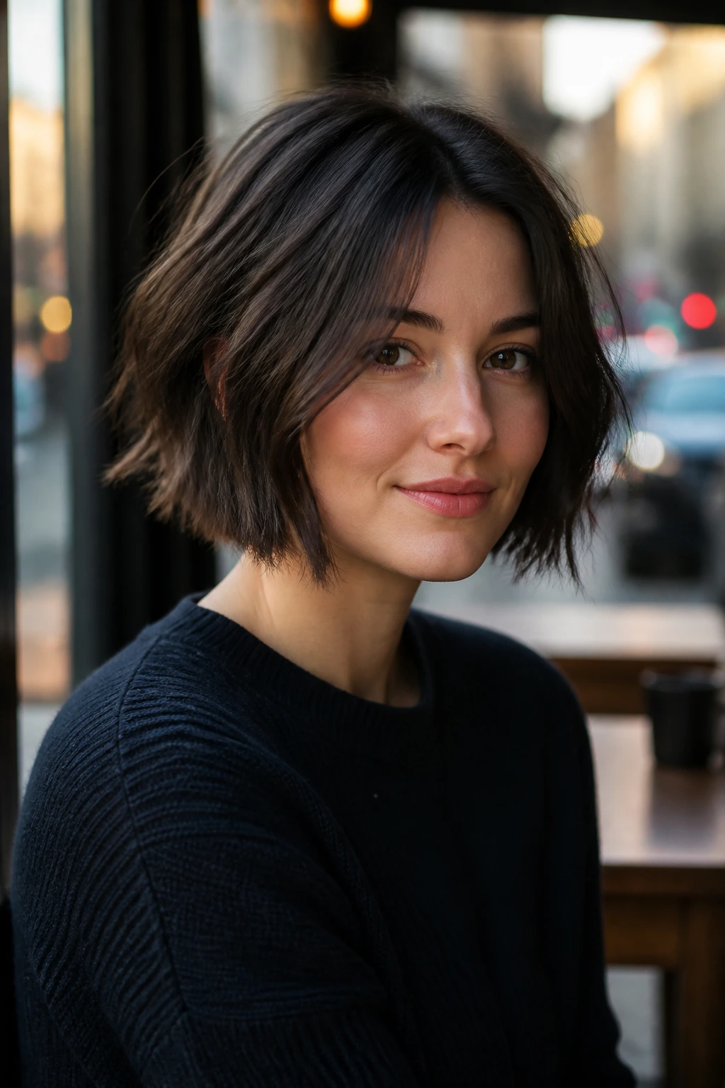 Close-up of a real person with a choppy bob flattering a round face