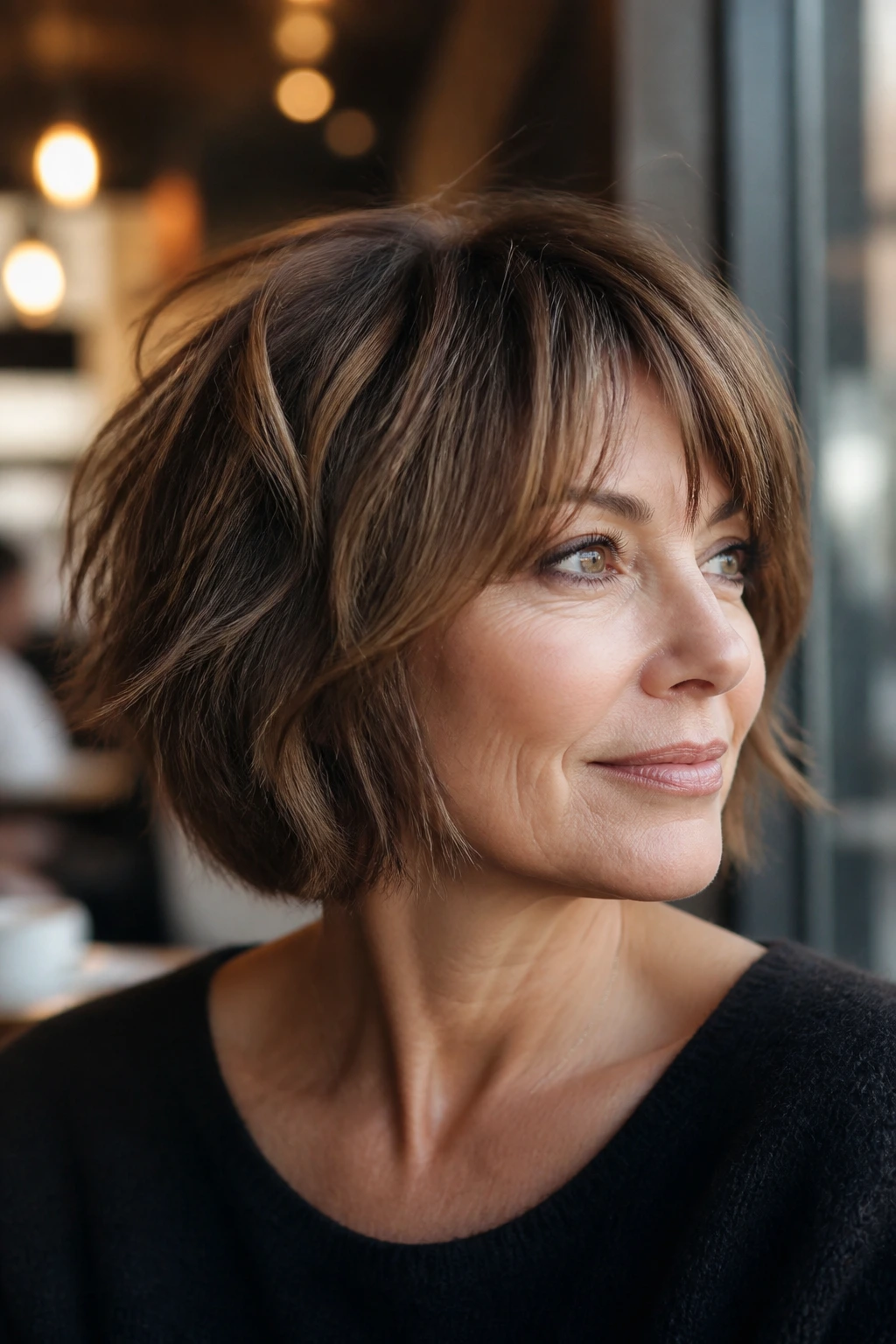 Close-up of a real woman with a choppy bob shag showing piecey ends and texture