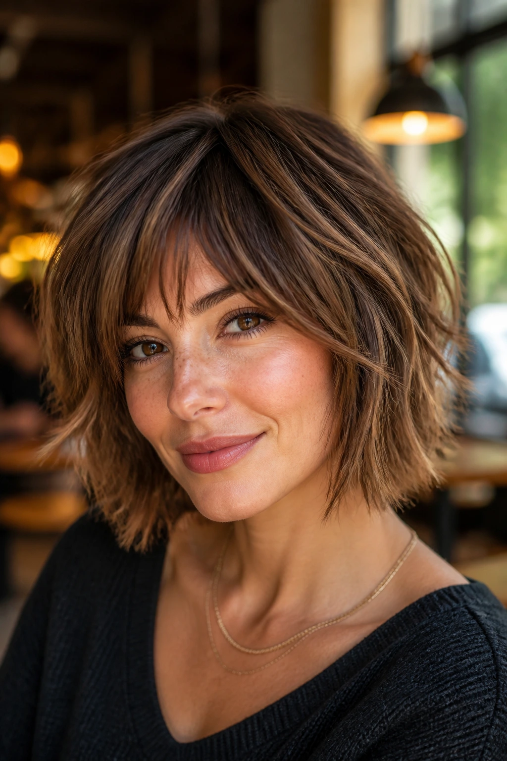 Close-up of a real woman with choppy bob shag and buttery brunette dimension