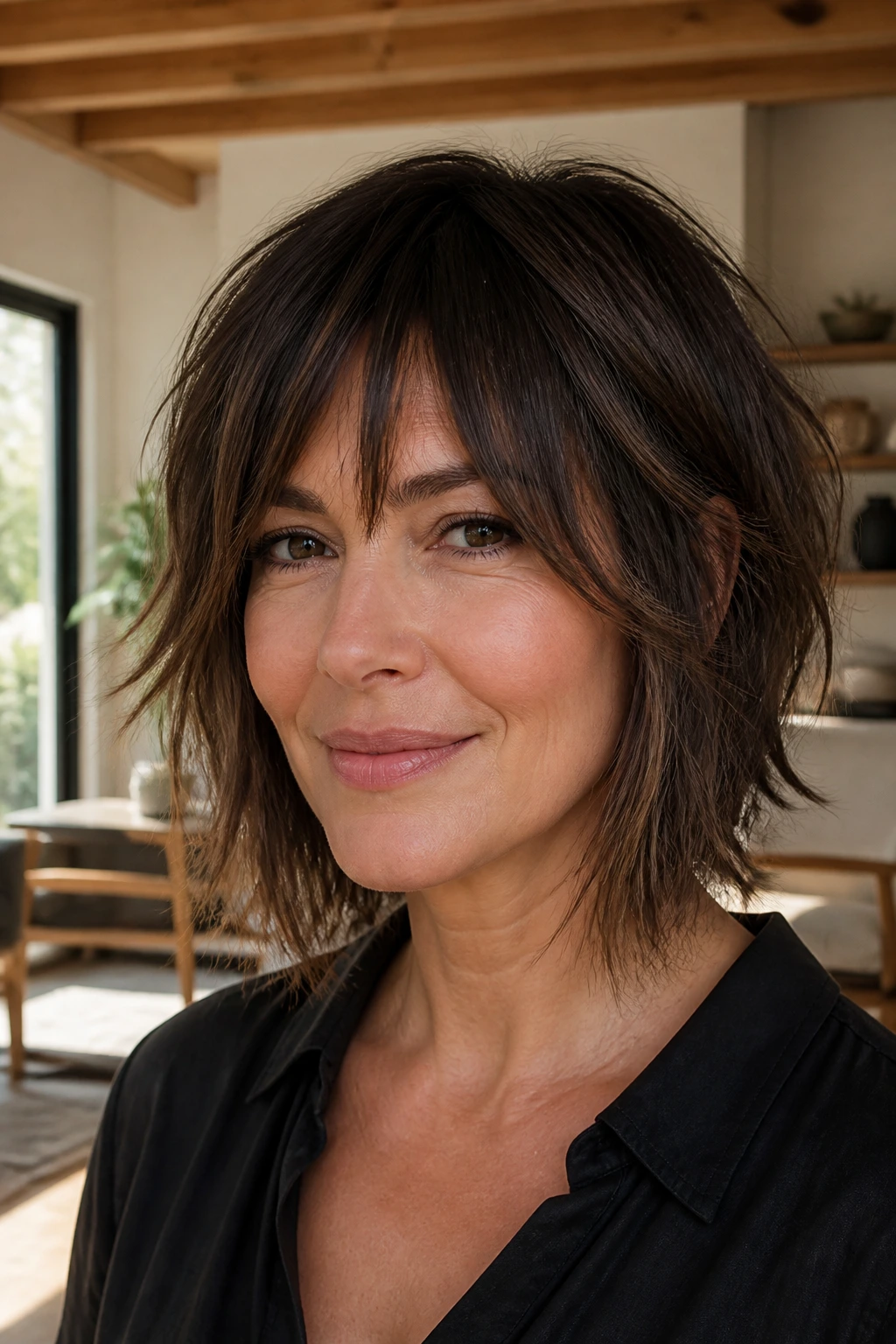 Real woman with choppy bob and long shag fringe in bright natural light