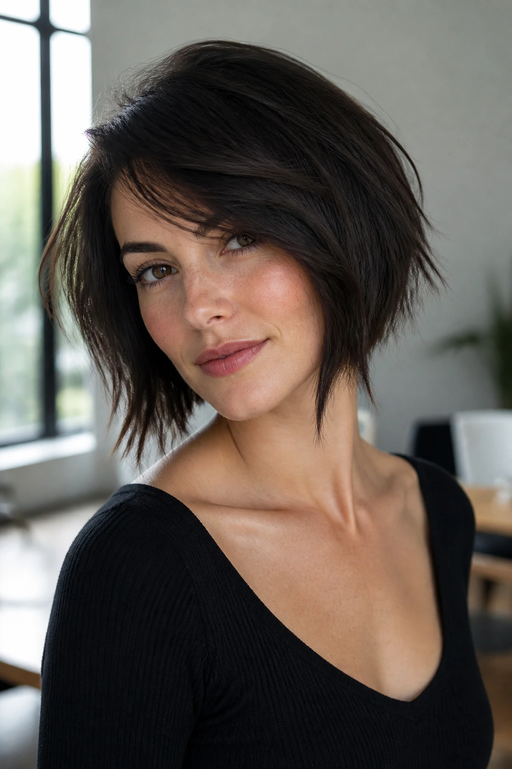 Portrait of a real person with a side-parted choppy bob and lean perimeter.