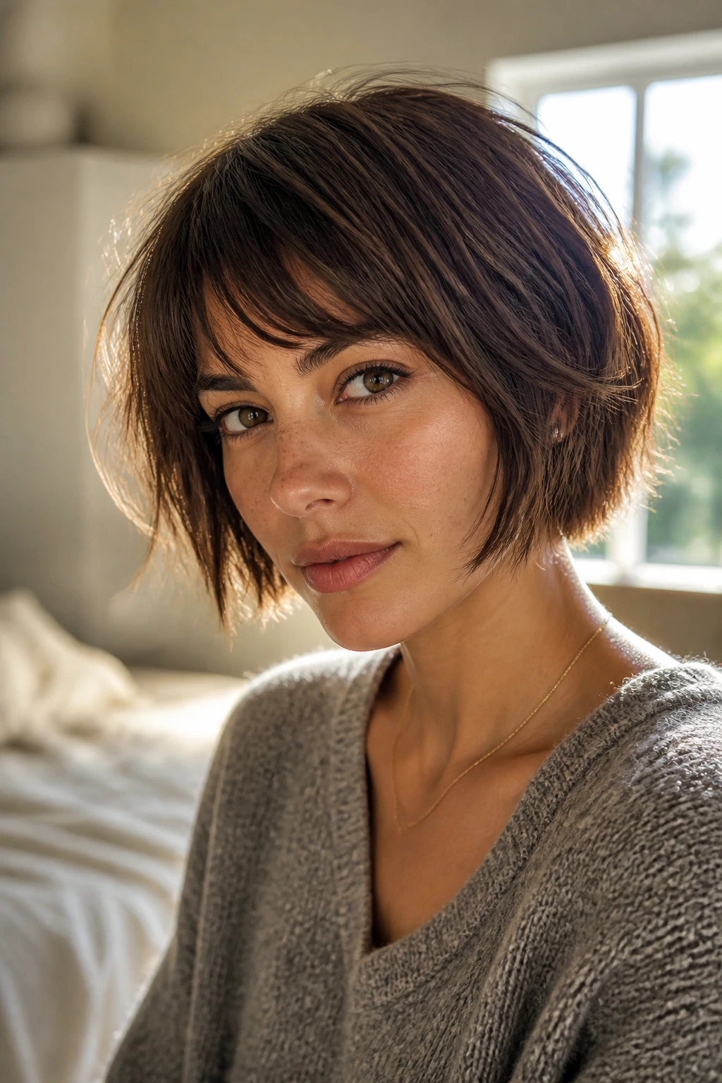 Close-up portrait of a real woman with a textured choppy bob on fine hair