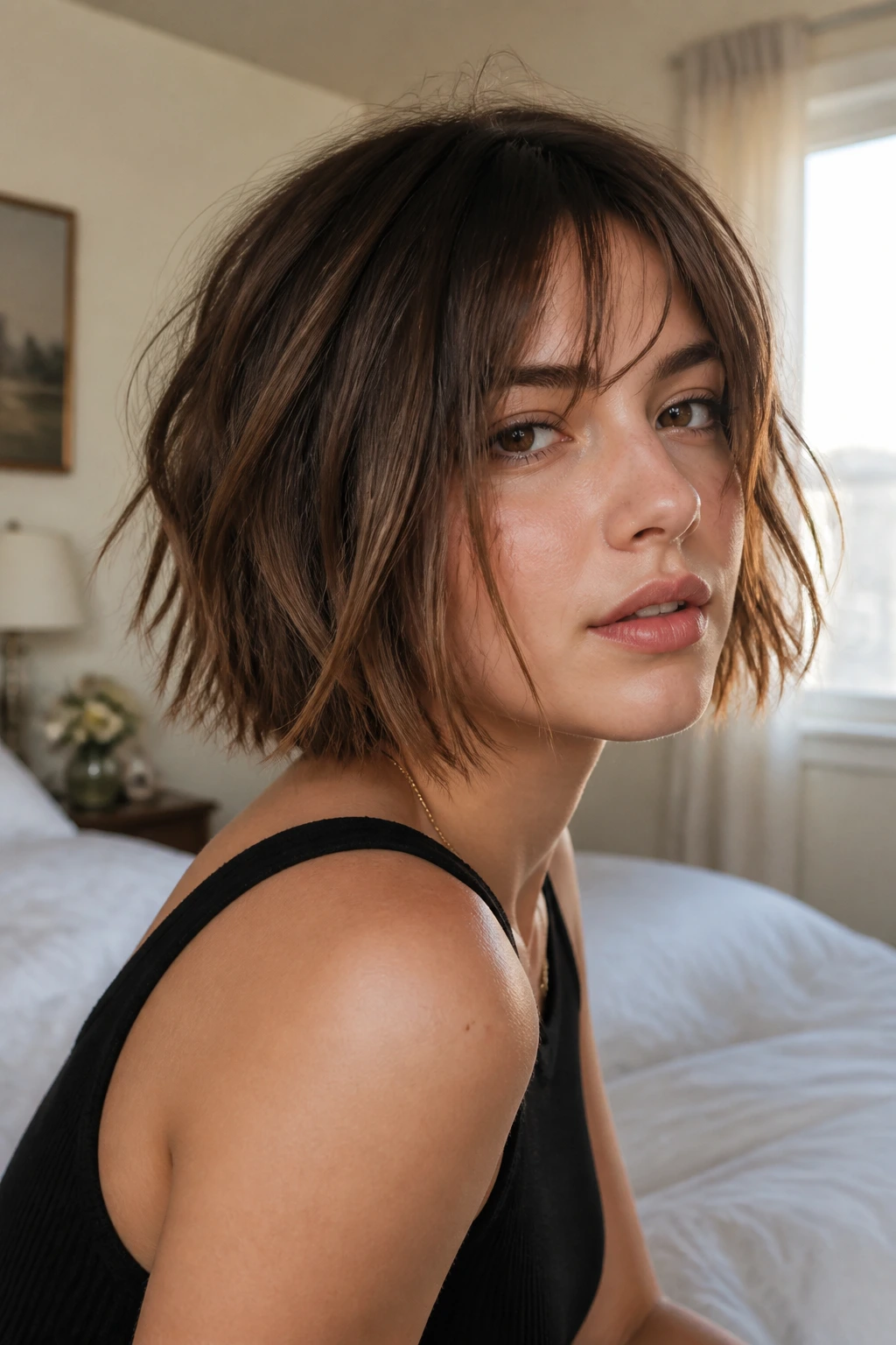 Close-up of a real woman with a choppy bob showing lived-in texture and broken ends