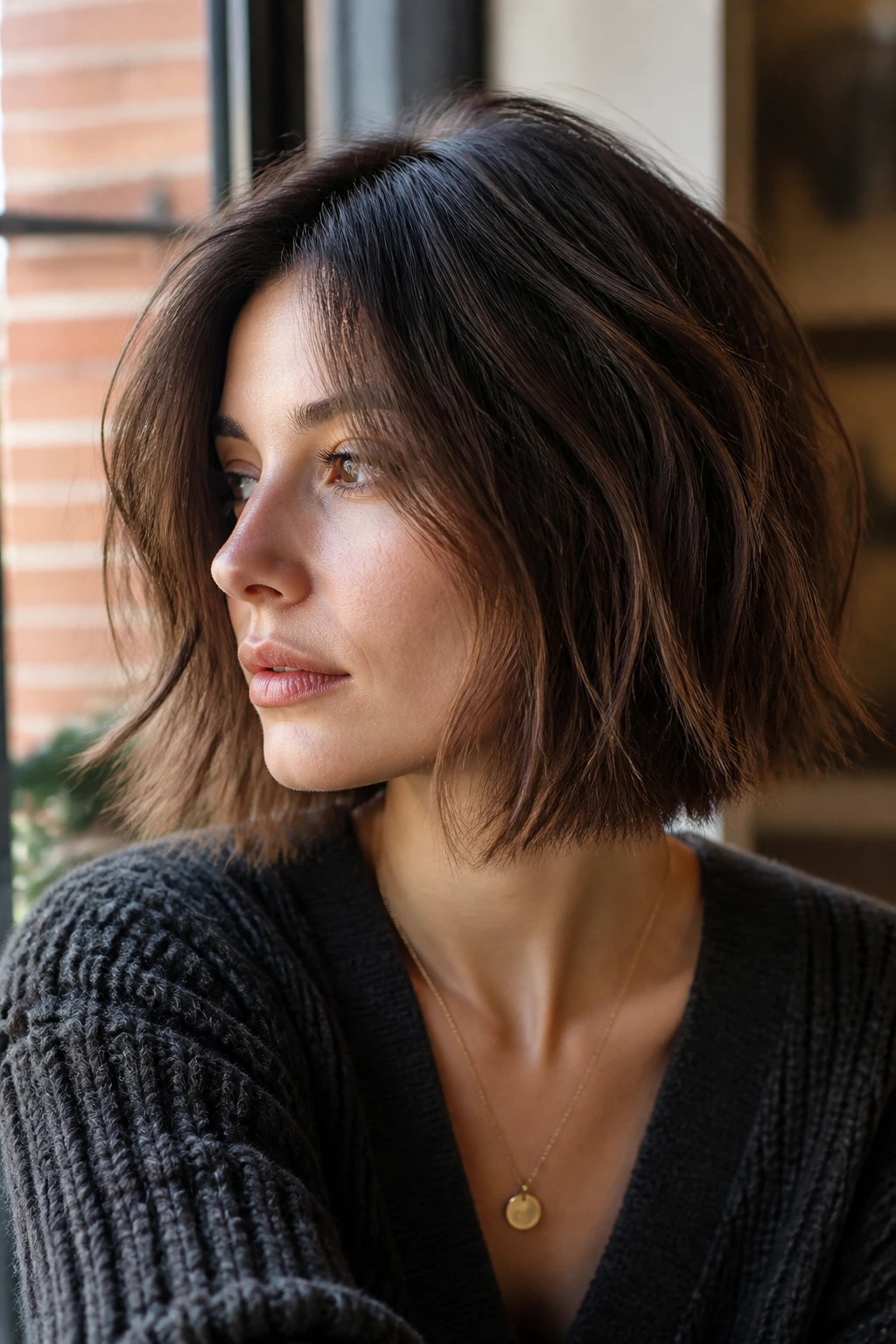 Close-up of a real woman with a choppy bob showing texture and movement