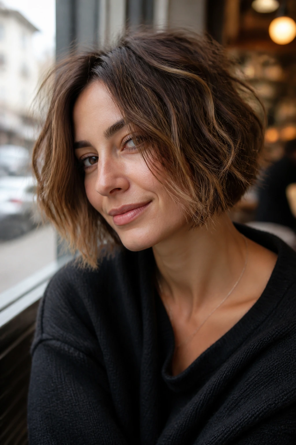 Close-up portrait of a real woman with a textured choppy bob showing movement
