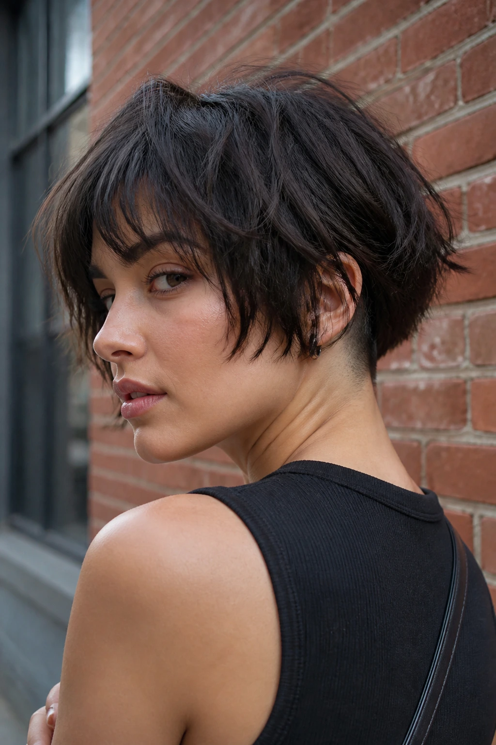 Portrait of a real woman with a choppy bob and visible undercut at the nape in daylight