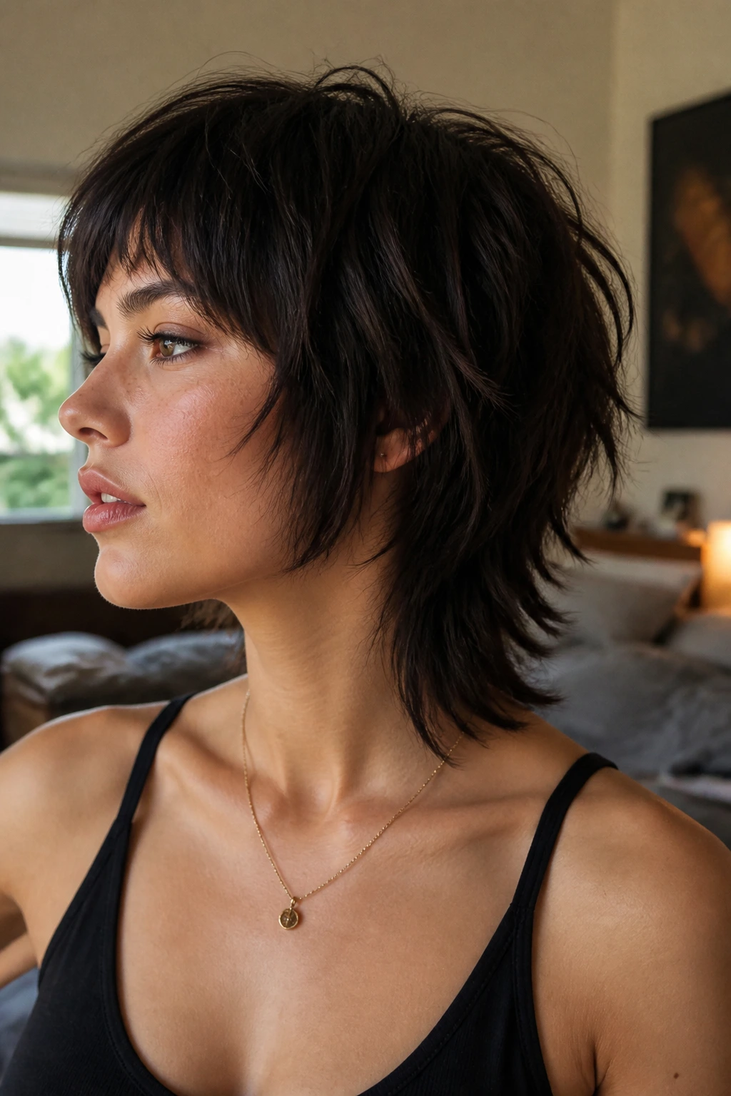 Close-up portrait of a real woman with a choppy bob transitioning into a wolf mullet, crown lift and layered back.