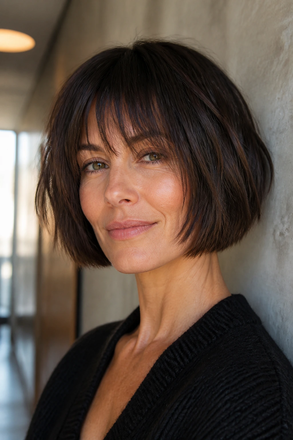 Close-up of choppy box bob with grown-in fringe on a real woman.