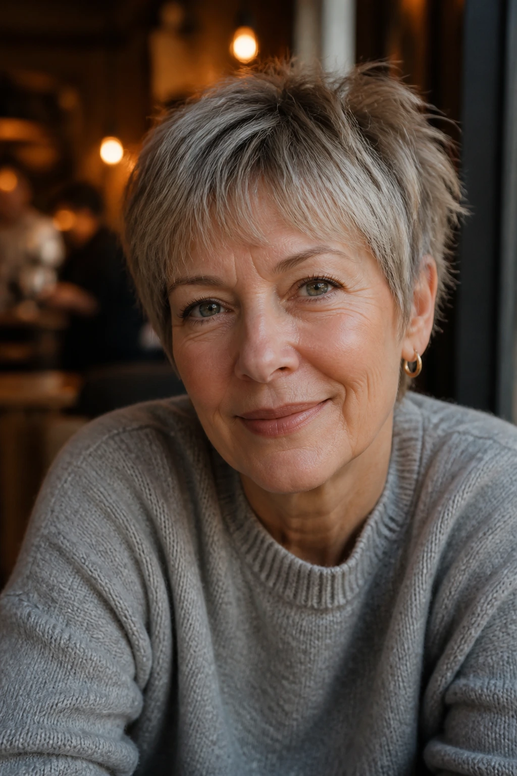 Real woman with choppy boyish crop and soft bangs in cafe light