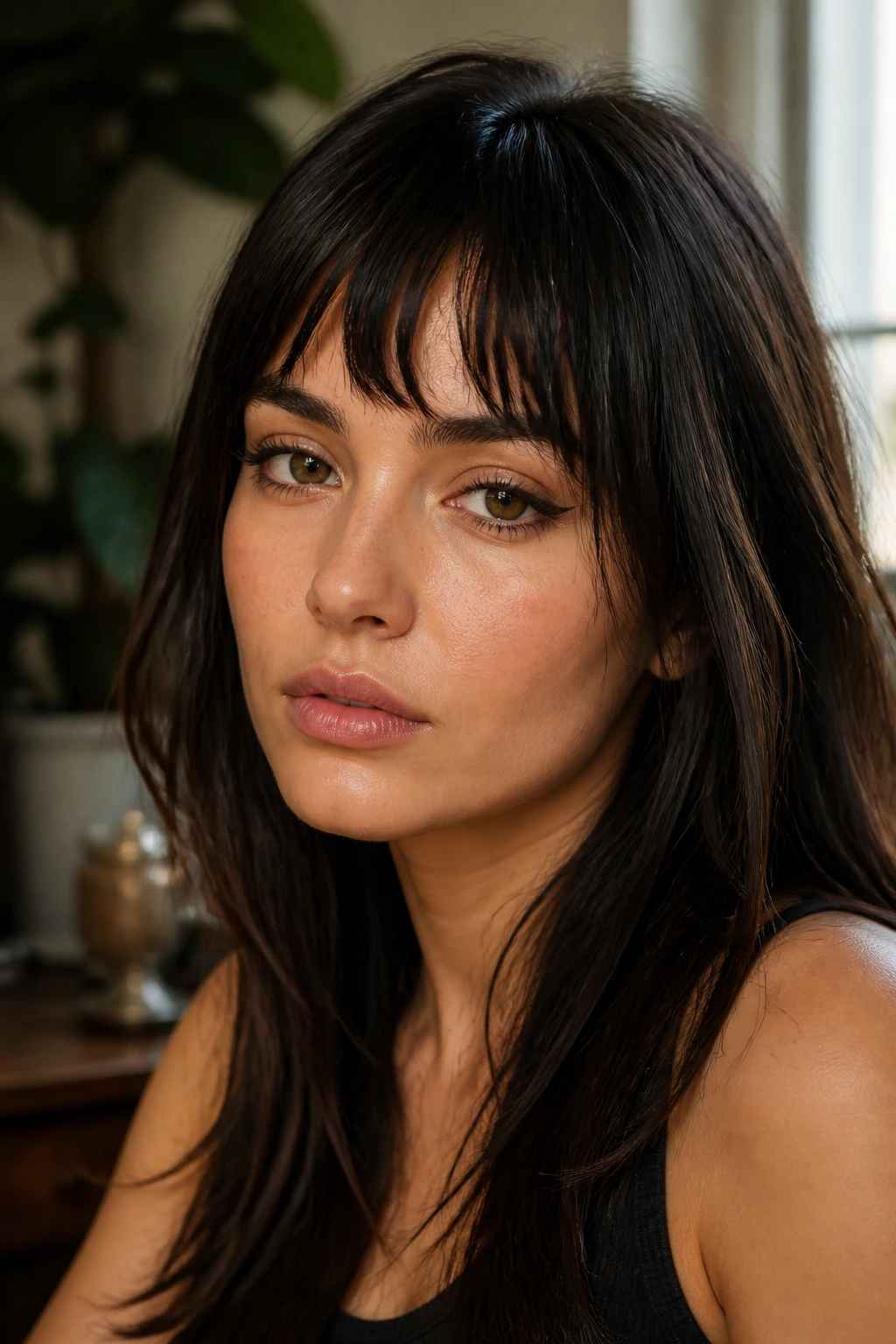 Close-up of a real person with choppy brow-length bangs and broken ends