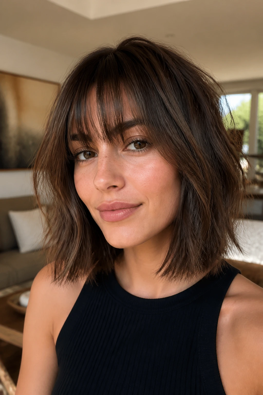 Real woman with choppy brunette lob and airy fringe in natural light.