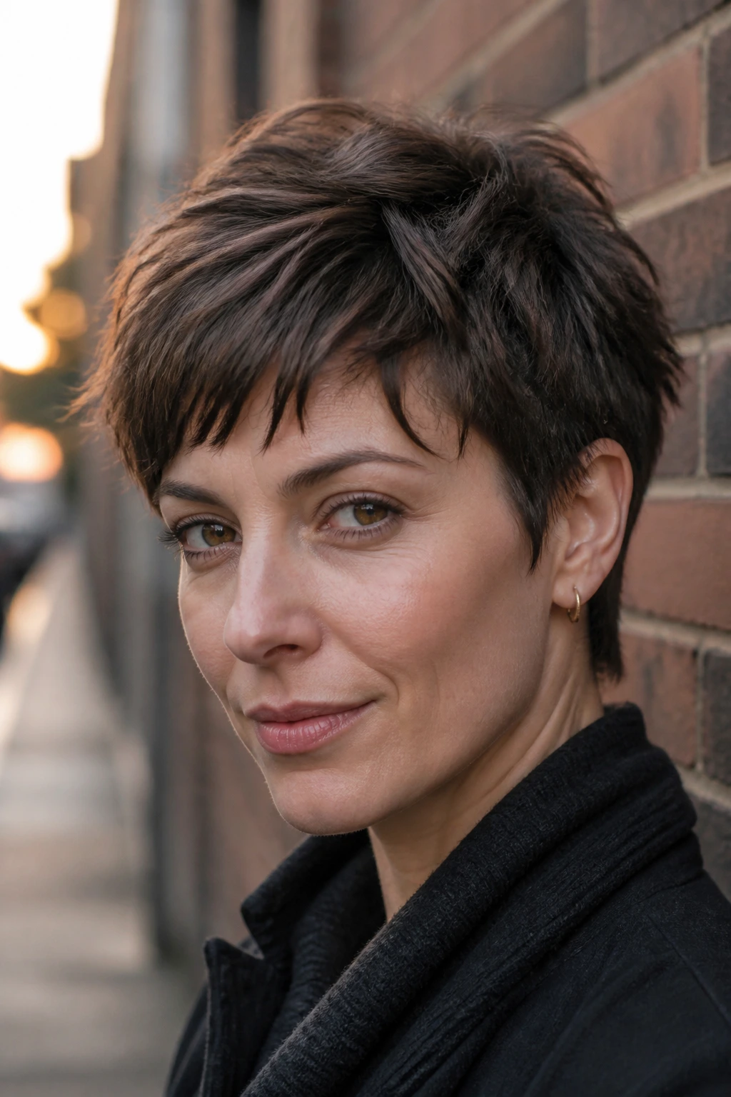 Close-up portrait of a real woman with a choppy brunette pixie hairstyle