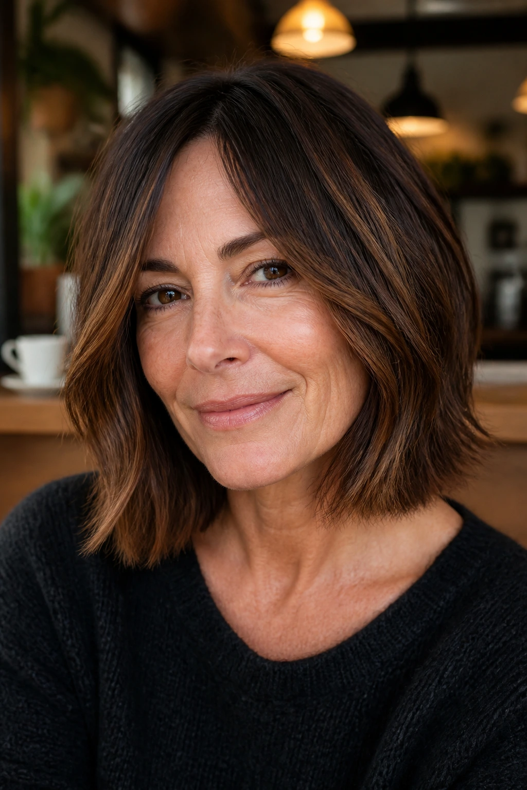 Close-up of a real woman with choppy cocoa ends and piecey texture