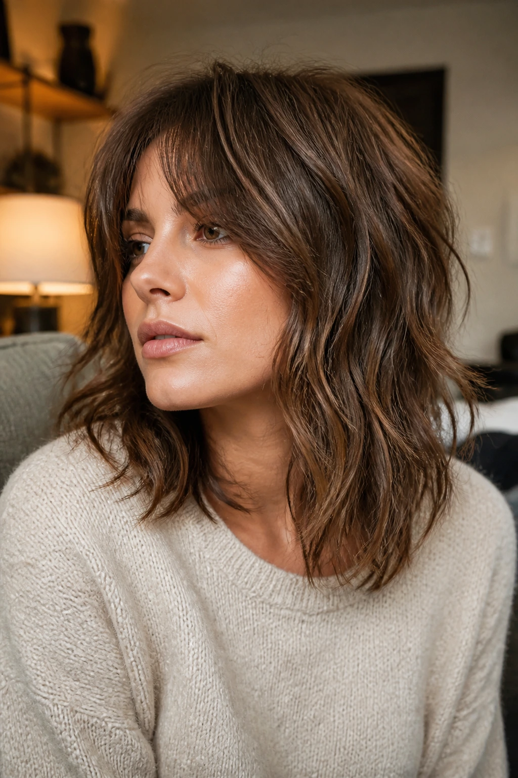 Portrait of a woman with a choppy collarbone shag hairstyle.