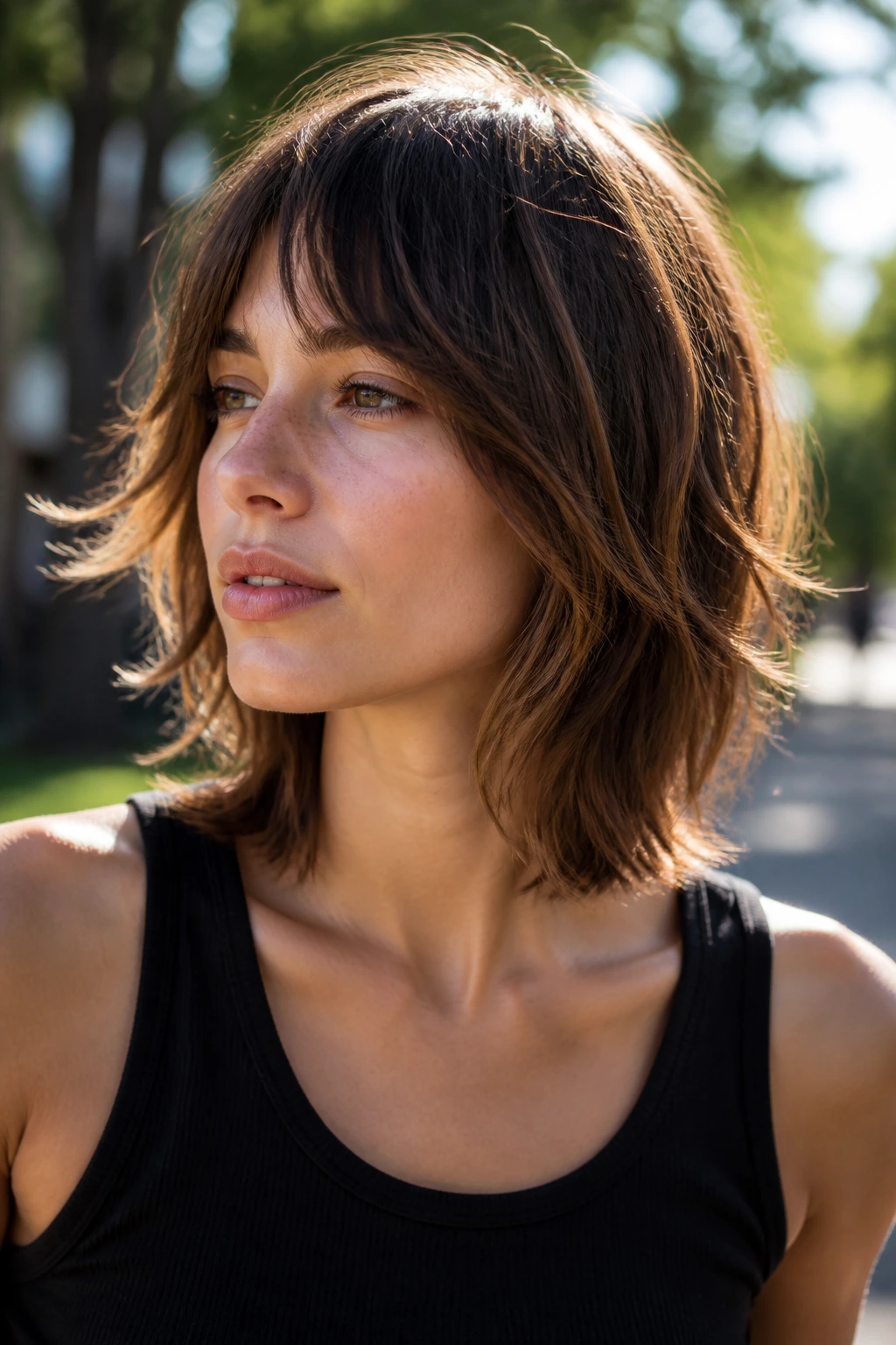 Close-up of a real woman with choppy collarbone wolf cut