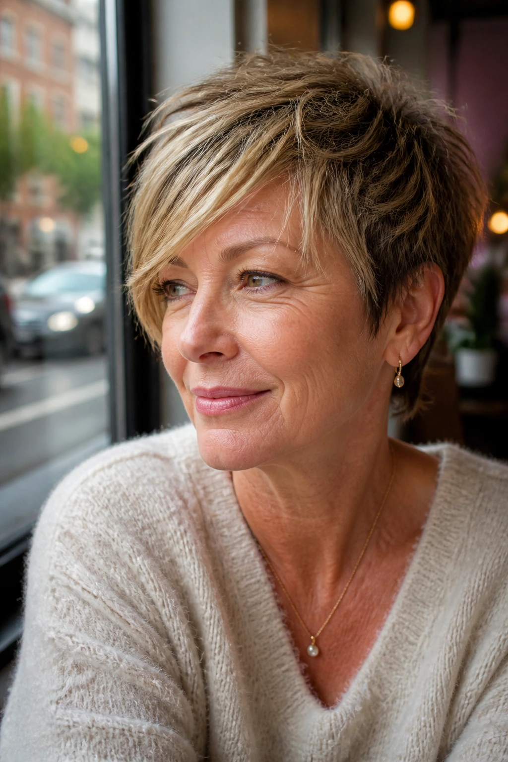 Close-up portrait of a real woman with a choppy crop and side-swept bangs in a sunlit cafe.
