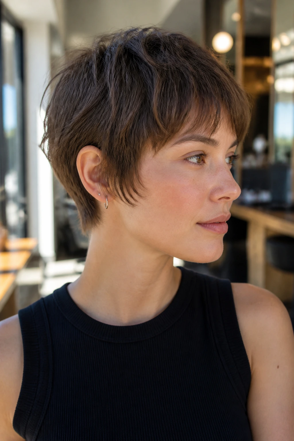 Close-up portrait of a real woman with ear-skimming choppy crop in a sunlit salon
