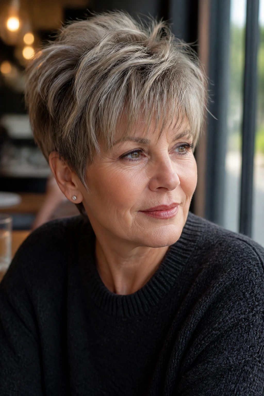Close-up portrait of a real person with a choppy crop and light fringe