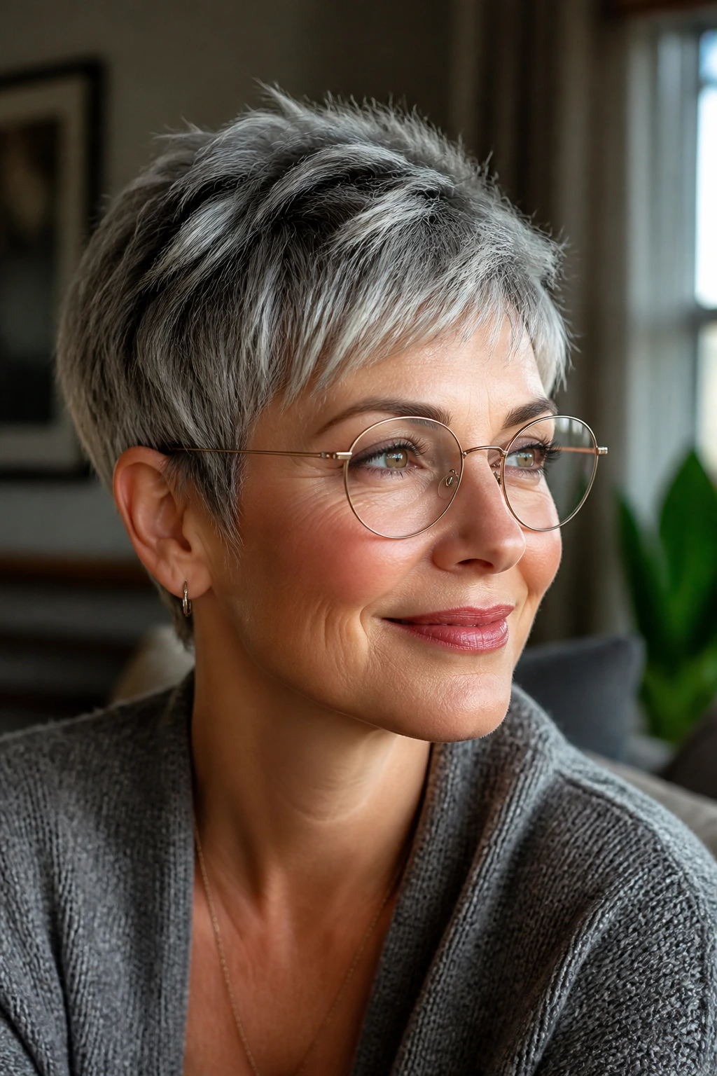 Close-up of a real woman with a gray choppy crop and glasses.