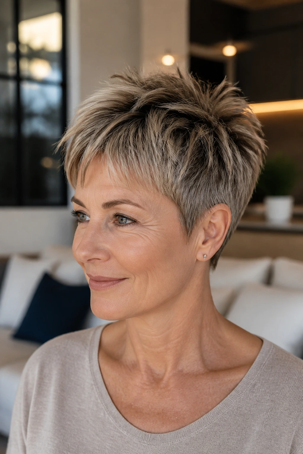 Portrait of a woman with a choppy crop and lifted crown in warm indoor light