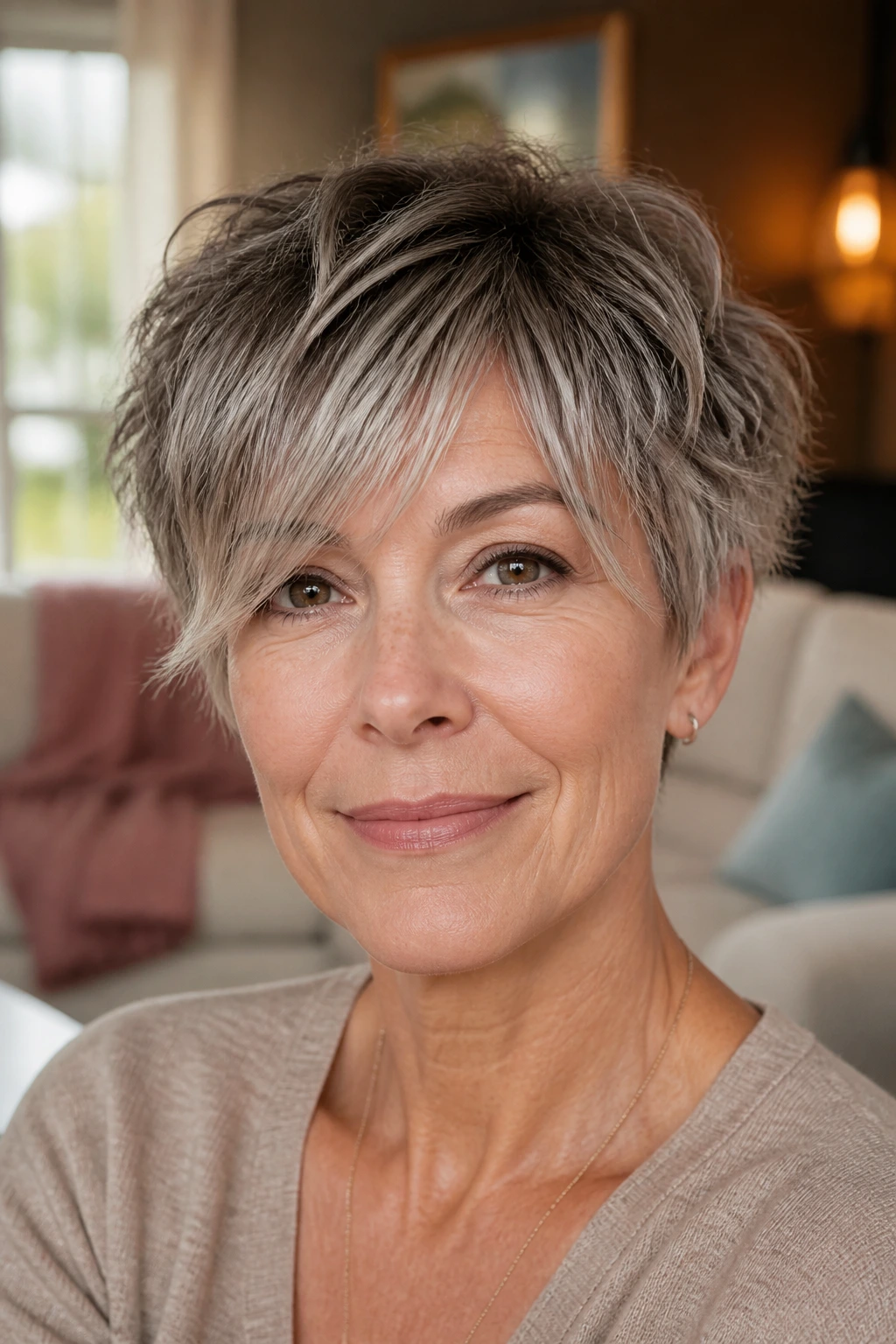 Close-up of a real woman wearing a choppy crop with a long fringe in warm light.