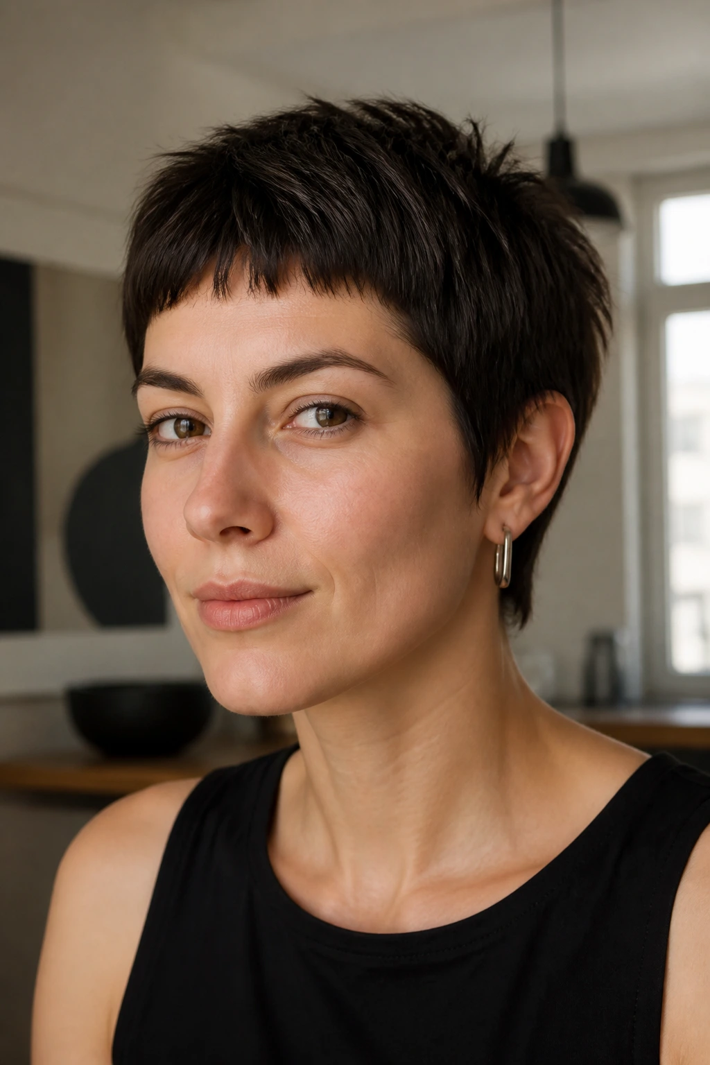 Close-up of a woman with a choppy crop and micro fringe above the brows