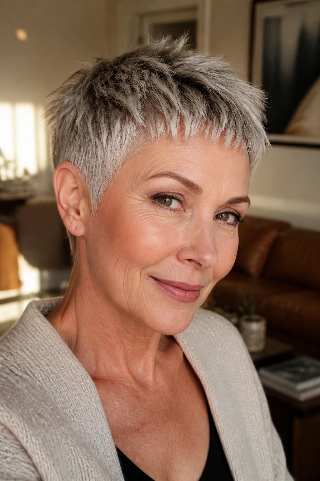 Close-up portrait of a real woman with a choppy crop and micro fringe in a cozy living room