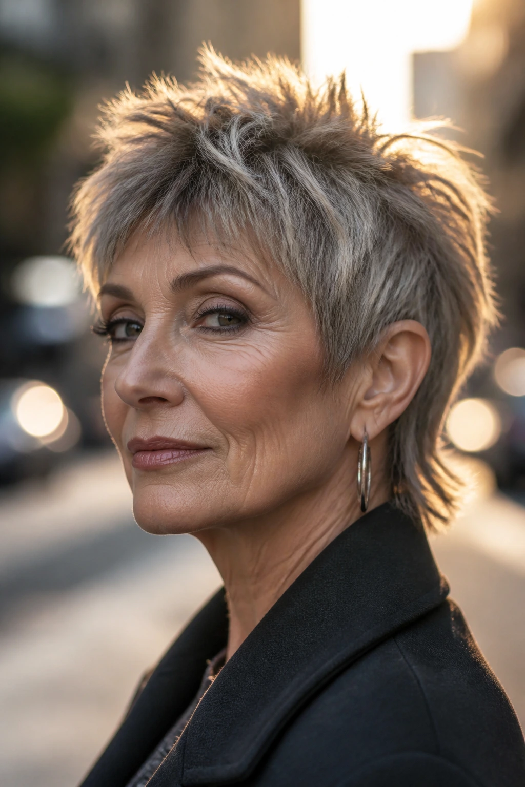Portrait of an older woman with a choppy crop mullet