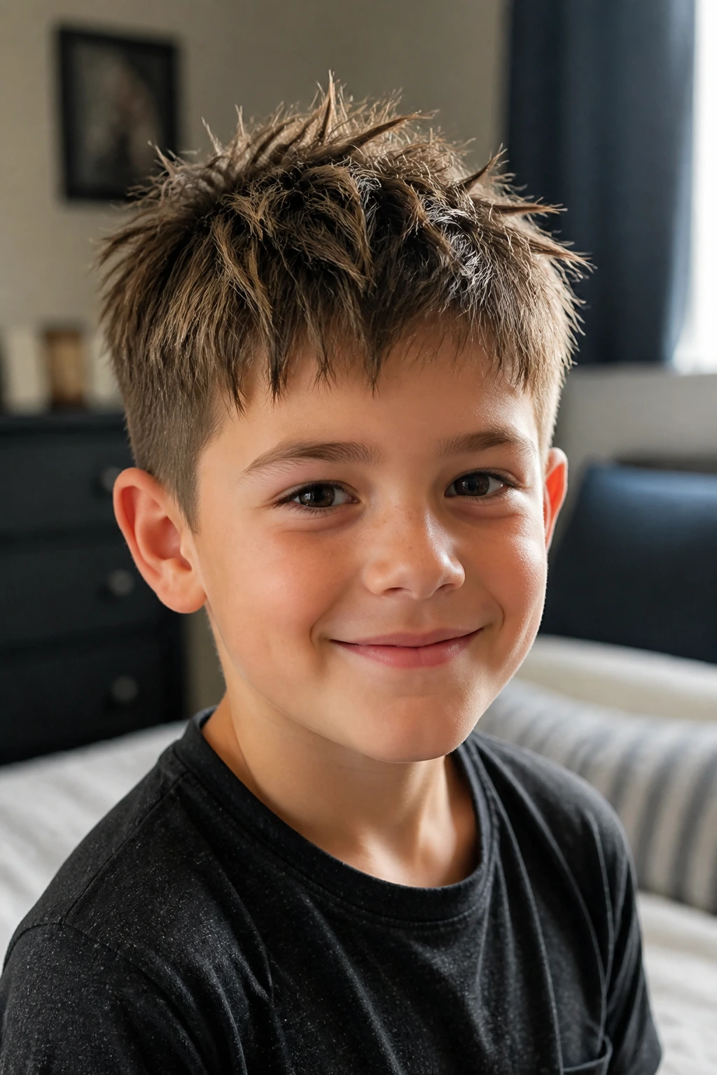 Close-up of a child’s choppy crop hairstyle with piecey texture in natural window light
