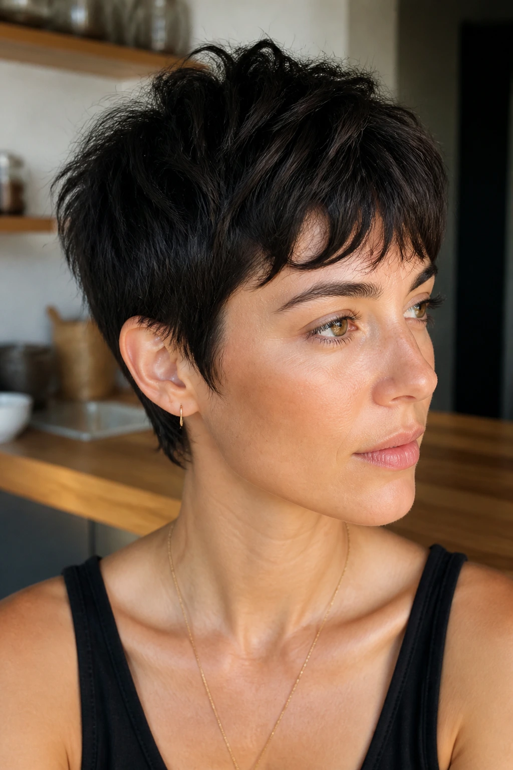 Portrait of a woman with short choppy crop and razor-soft ends