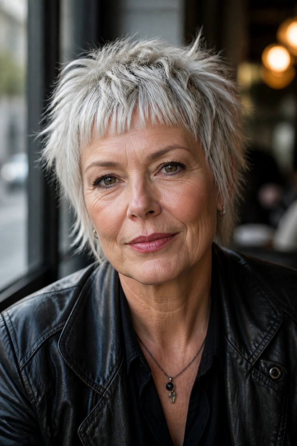 Close-up of a real woman with choppy crop shag and micro bangs.