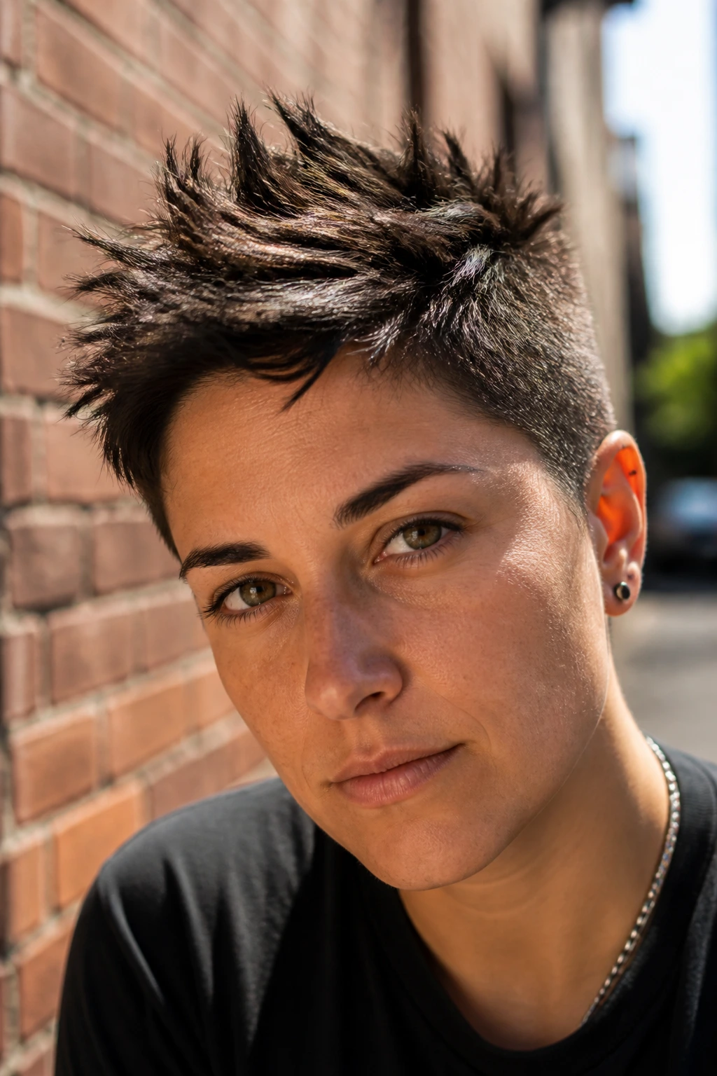 Real person with choppy crop and spiked texture, outdoor urban background