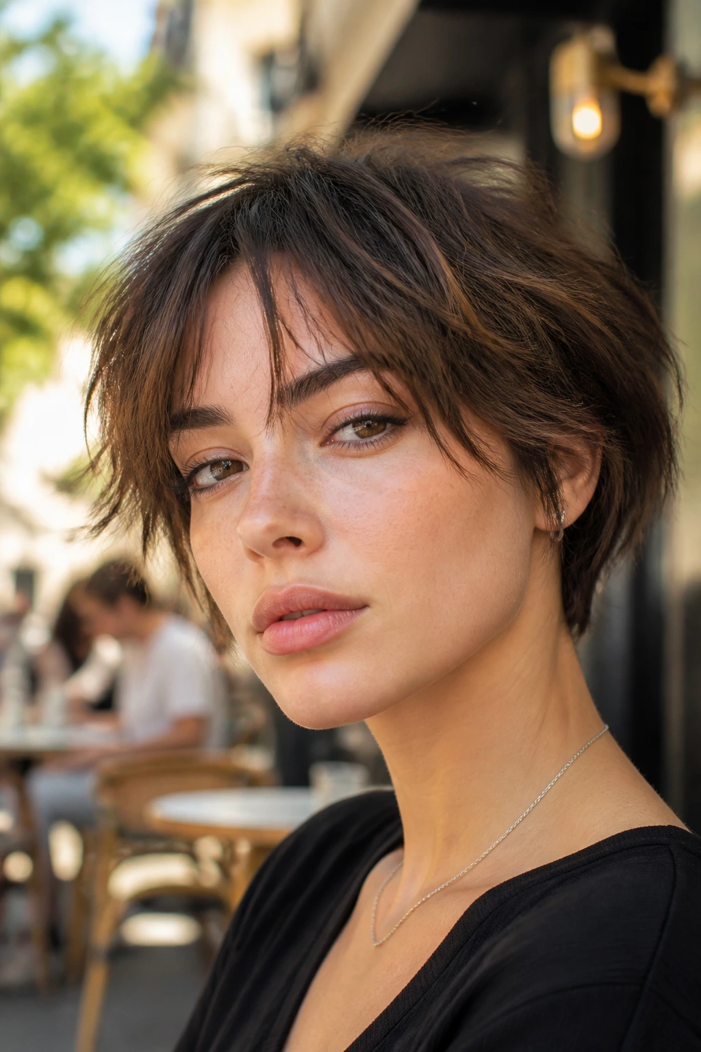 Close-up portrait of a real person with a choppy crop and split bangs outdoors