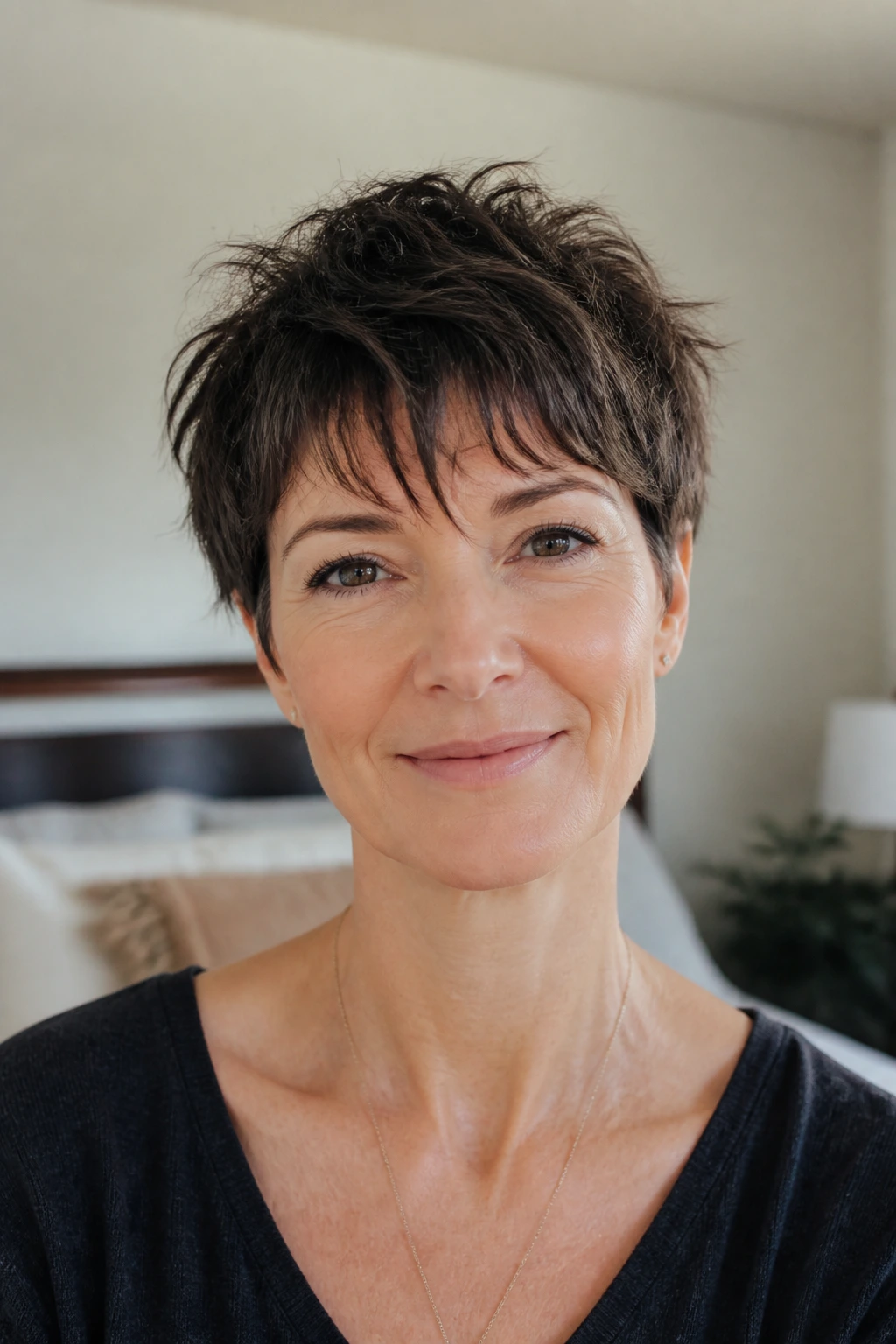 Close-up portrait of a real woman with a choppy boyish crop and wispy fringe
