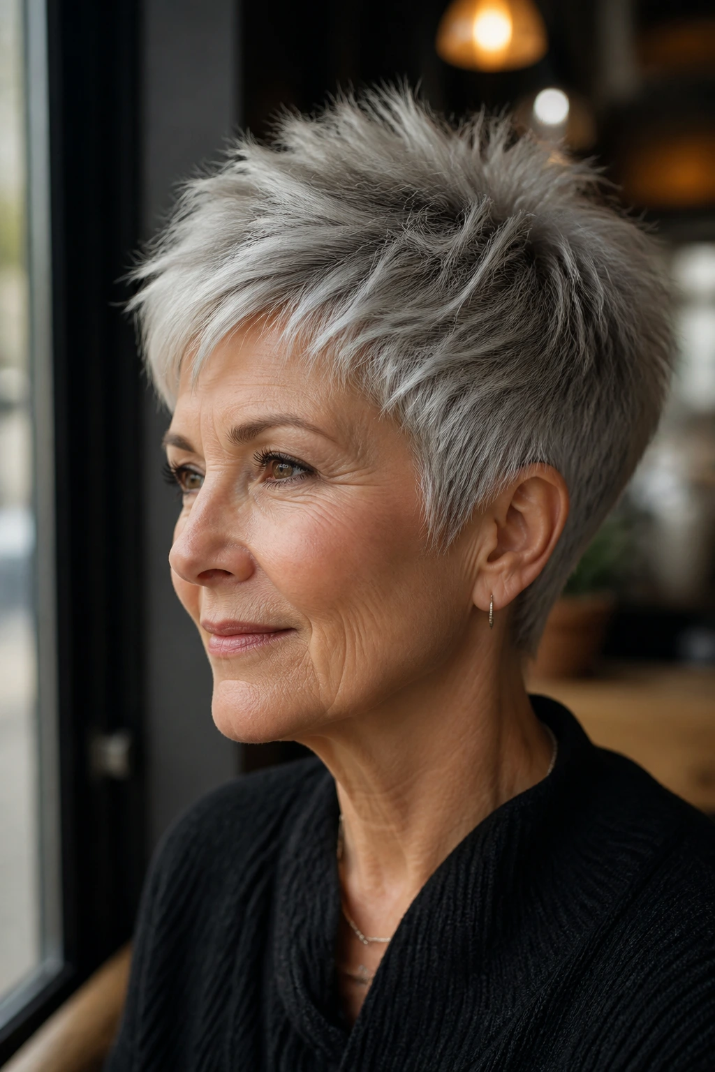 Older woman with a choppy crown-lift pixie