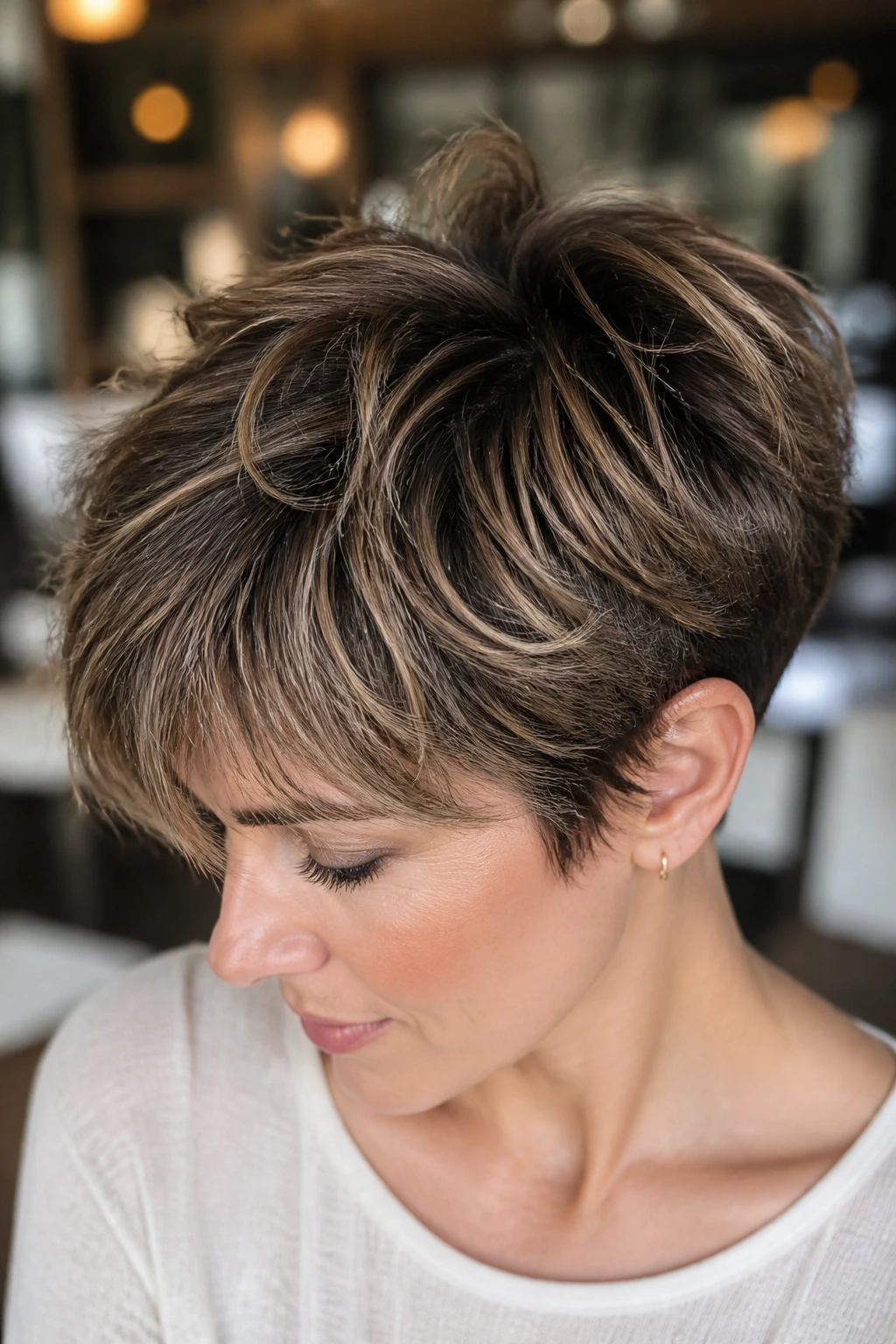 Real person with a choppy crown pixie bob showcasing lifted crown and irregular ends