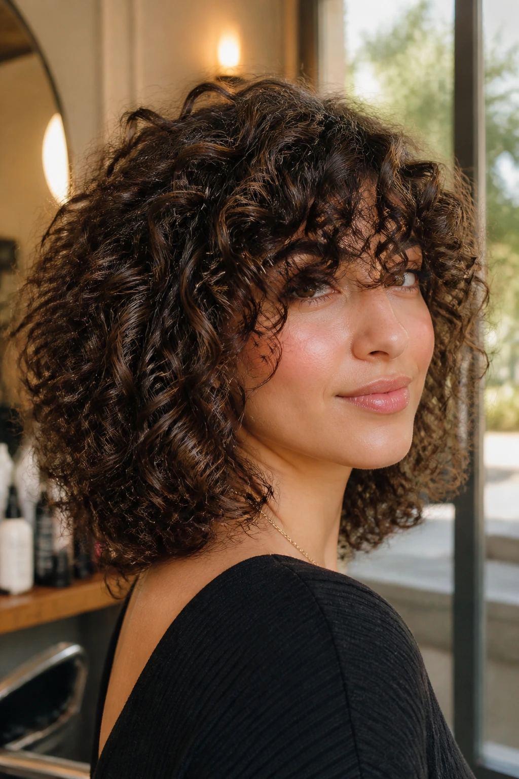 Close-up portrait of a real person with thick curly hair and choppy layers