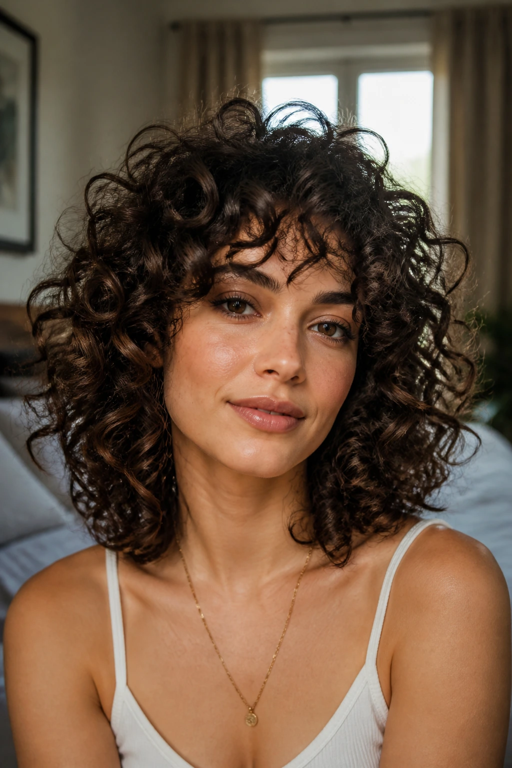 Close-up portrait of a real woman with thick curly hair in a choppy layered cut, under soft window light.