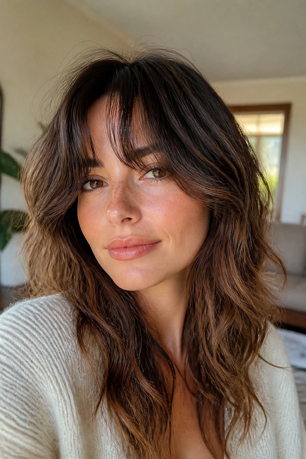 Close-up portrait of a woman with choppy curtain bangs in warm living-room light