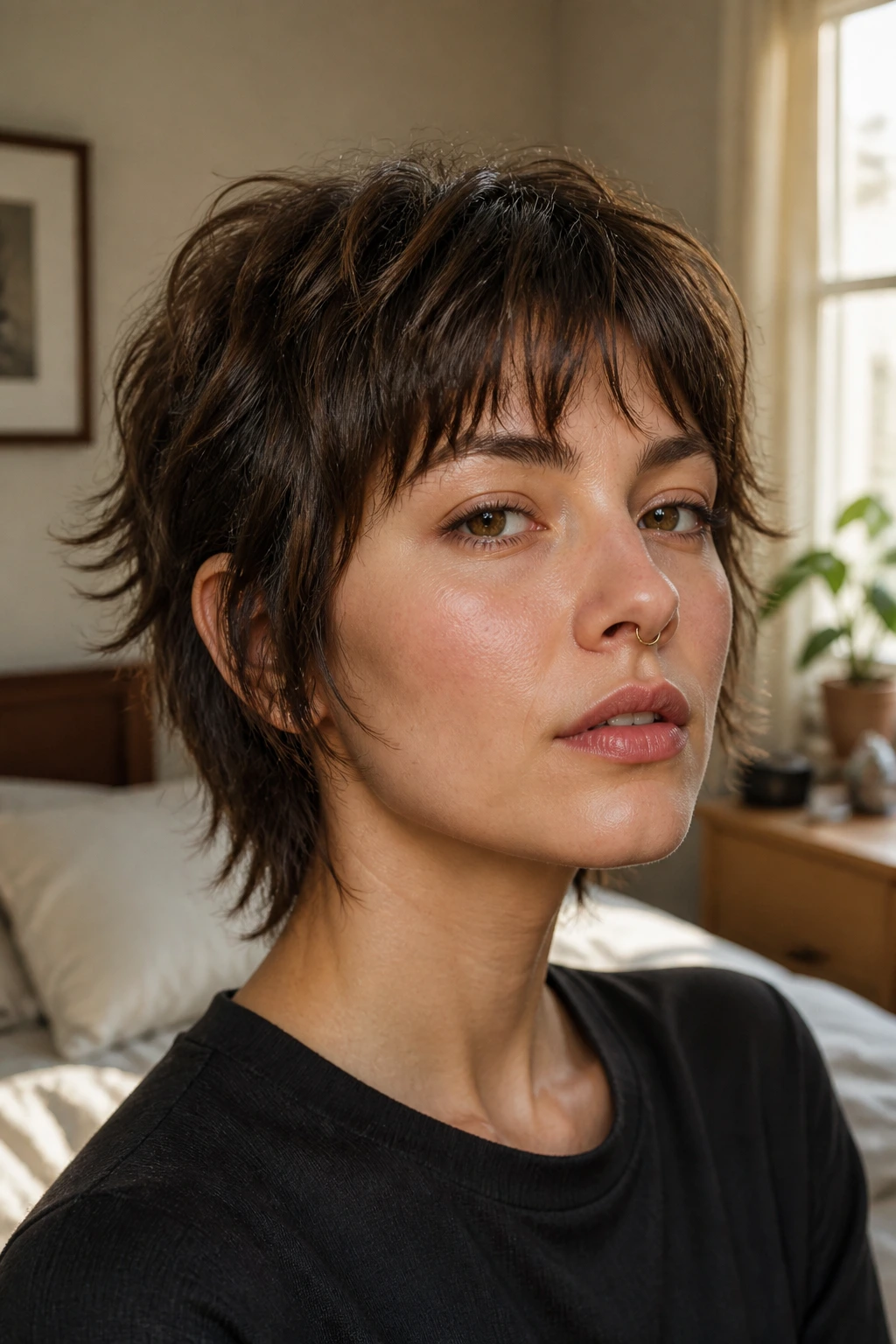 Close-up portrait of a real woman with a choppy ear-length shag hairstyle