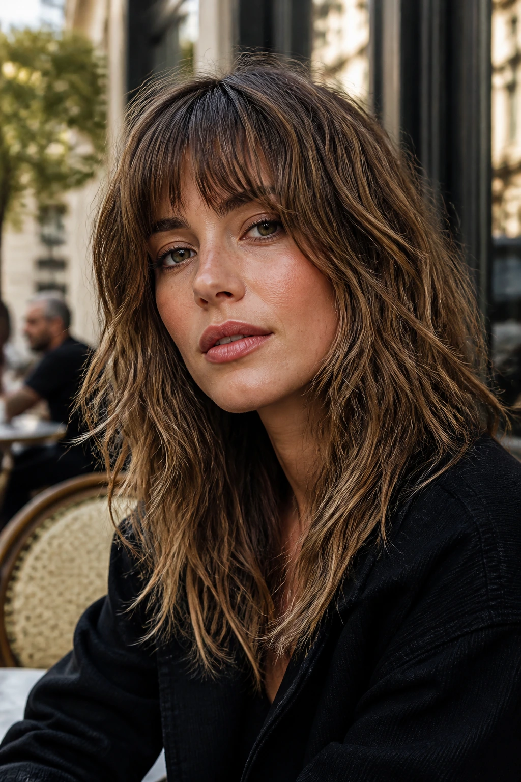 Close-up portrait of a real woman with choppy-edge shag and broken texture