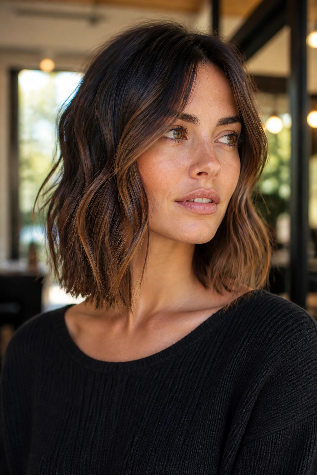 Real woman portrait with choppy-end lob showing textured, softened ends