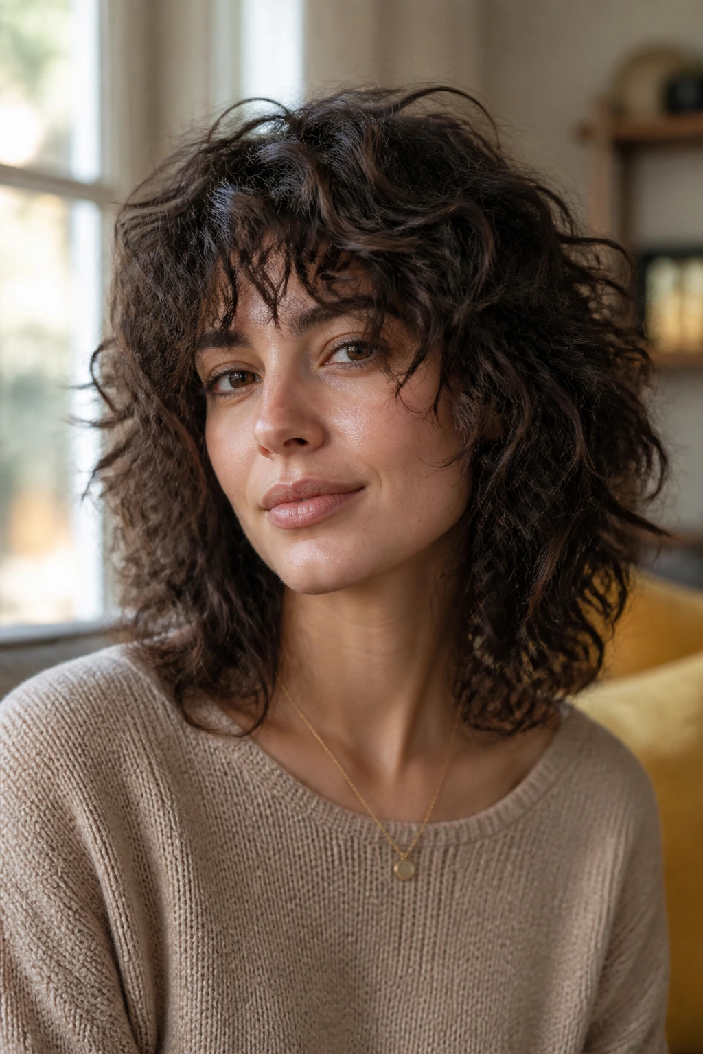 Close-up portrait of a real woman with choppy end shag curls and airy texture