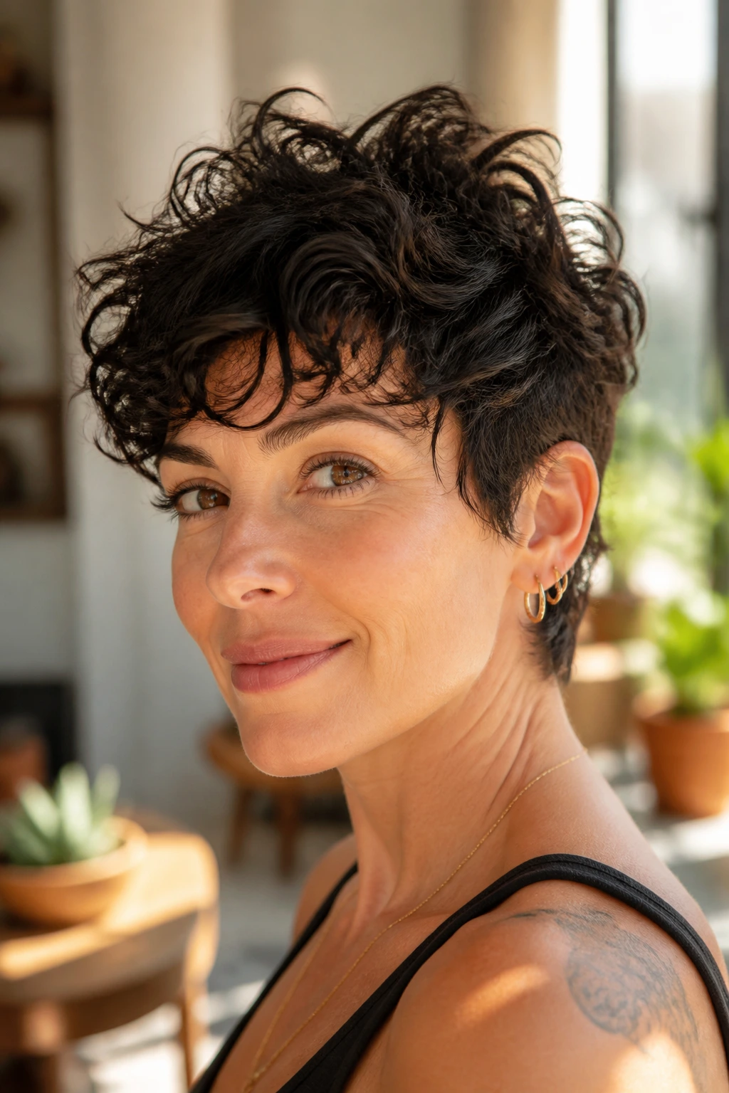 Close-up of a real woman with choppy-ended pixie texture and defined curls